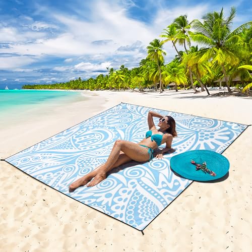 HIHOHO Beach Blanket Waterproof Sandproof Beach Mat 79”x 83” for 1-8 Adults Quick Drying Durable Outdoor Picnic Mat for Beach Festival Travel Camping Hiking (Flower Ripple-BL, 79"×83"(4 Person)) - color: Flower Ripple-bl, size: 6'11" x 6'7"