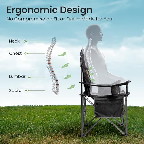 Folding Camping Chairs for Adults - High Back Padded Outdoor Lawn Chairs with Lumbar Support & Cup Holder (Black & Gray, 1 Pack) - color: Black & Gray, size: 1 Pack