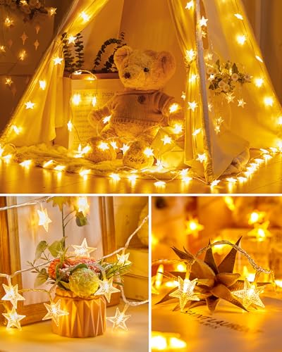 Minetom Star String Lights Plug in - 66 ft 200 LED Star Fairy String Lights with Remote and Timer, 8 Modes Waterproof for Bedroom Tent Loft Bed Window Backyard Patio Porch Balcony Party, Warm White - color: Warm White - 66ft