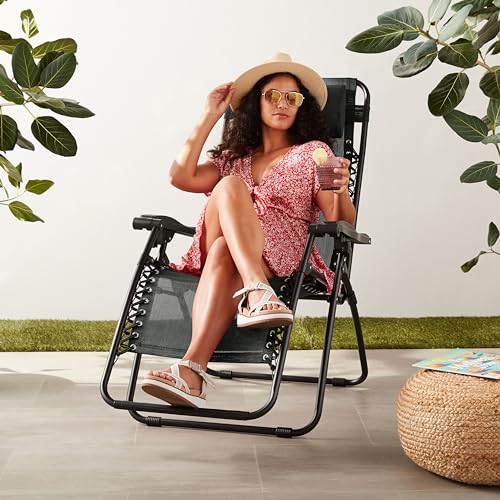 Amazon Basics Outdoor Patio Zero Gravity Portable Folding Reclining Lounge Chair with Padded Headrest Pillow, Weather Resistant Textilene, 26", Black - color: Black