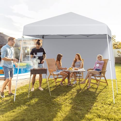 Tangkula 10x10 FT Pop Up Canopy with Sidewall, UPF 50+ Easy Setup Outdoor Tent with Backpack, 4 Stakes, Portable Heavy-Duty Canopy Tent for Party Events Camping Picnic, 10x10 Base, 8x8 Top - color: White, size: 10x10 Ft