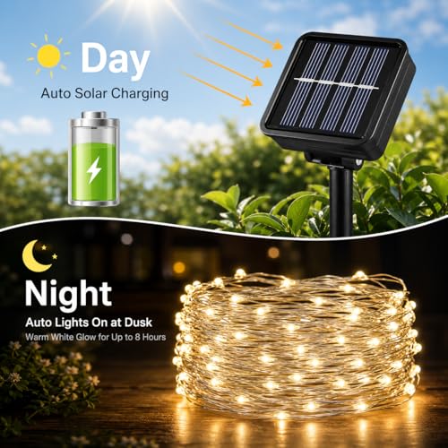 ALENEY Solar String Lights Outdoor, 33 Feet 100 LEDs 8 Modes Solar Fairy Lights for Outside, Waterproof Outdoor Light for Patio Yard Christmas Tree Halloween Wedding Party Decorations, Warm White - color: Warm White, size: 100 LEDs