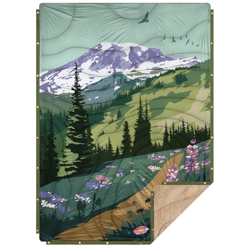 Outdoor Camping Blanket with Sherpa Lining, Extra Warm Thick Camp Blankets and Puffy Ultralight Soft Poncho DWR Camping Quilt for Cold Weather, Adventure, Sleeping, Backpacking 78"x 56" - color: Aden Green, size: 78 x 56 inches