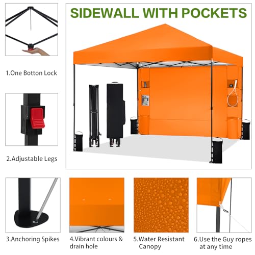 Tunbne 10'x10' Pop Up Canopy Tent with 1 Sidewall and 6 Pockets, One Push Setup, Instant Shade Tent with Vented Roof for Beach Patio Outdoor, Case, 8 Stakes, 4 Ropes, 4 Sandbags (Orange, 10x10) - color: Orange, size: 10x10