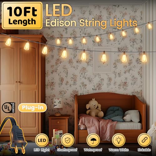 10FT Outdoor String Lights - LED Waterproof Patio Lights with Shatterproof ST38 Edison Plastic Bulb, Connectable Hanging Lighting for Outside Indoor Backyard Yard Gazebo Porch Party Decor - SOLROS - size: 10FT ST38- Plug-In Version