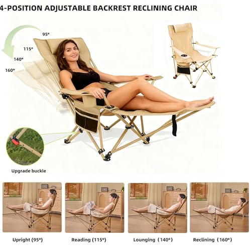 Reclining Camping Chair with Footrest, 4-Position Adjustable Back Folding Lounge Chair for Adult | Heavy-Duty Beach Chairs with Cup Holder & Carry Bag for Beach, Camping, Backyard, Fishing - color: Yellow