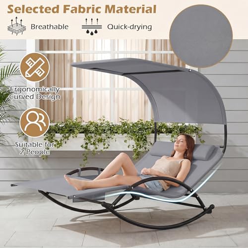 HAPPYGRILL Outdoor Chaise Lounge Rocker, 2-Person Rocking Daybed Sun Lounger with Sun Shade Canopy & Headrest Pillows, Hammock Bed Loveseat with Heavy-Duty Metal Frame for Patio, Backyard, Poolside