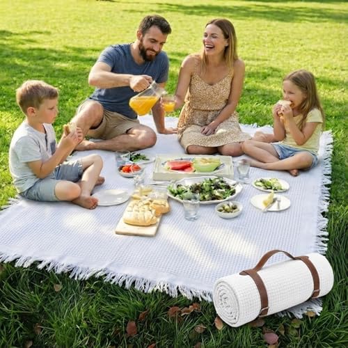 White Picnic Blanket, Extra Large Soft Cotton Gauze Picnic Rug 71"x71", Lightweight Breathable Blanket with Leather Handle, Machine Washable for Beach, Camping, Park, Couples (White) - color: White