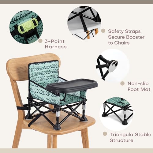 Toddler Booster Seat for Dining Table & Kitchen Chair - Portable Foldable with Removable Tray, Baby Camping Chair 6-36 Months Indoor Outdoor (Green Stripe) - color: Green Stripe Booster Seat