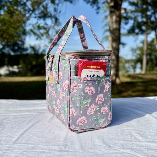 Kwang Min Floral Insulated Lunch Bag for Women,Reusable Lunch Box,Large Cooler for Office,Picnic Outdoors,Premium Quality Waterproof Fabric,Ideal Gift for Outdoors and work (Gray Poppy) - color: Gray Poppy