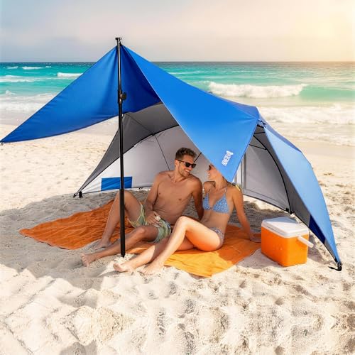 HOMEDEMO Beach Umbrella Tent (9.5ft, Blue) with Fan Canopy, 3-in-1 Umbrella Shade for Beach, Picnic, Bleacher, Sports Games - style: Blue