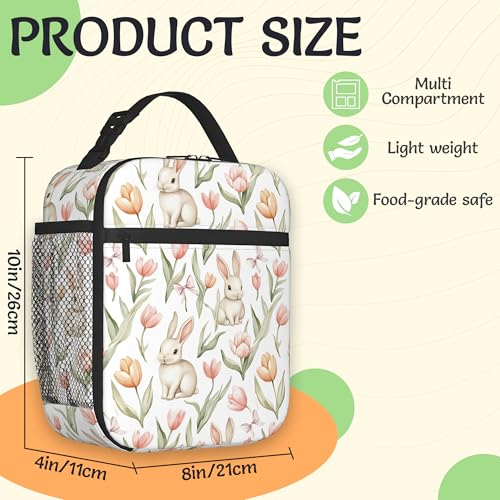 Cute Rabbit Easter Lunch Bag for Kids,Pink Bow Tulip Flower Insulated Lunch Box for Women, Large Capacity with Mutiple Pockets Gilrs Boys School Thermal Bag for Work,Picnic,Hiking - color: Cute Rabbit Easter