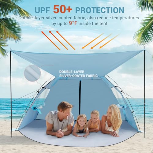 Elegear CumbreX™ Beach Tent Sun Shelter with Canopy, 4-5 Person Pop Up Beach Tent, Easy Setup UPF 50+ UV Protection Portable Lightweight Double Silver Coating Beach Cabana Sun Shade Shelter - Sky Blue - color: Sky Blue, size: 4-5 Person