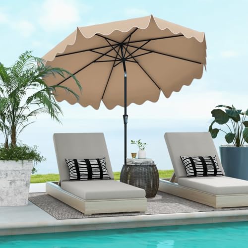 Tangkula 9Ft Patio Umbrella with Crank, 2-Tier Outdoor Umbrella with Push Button Tilt, Sun-Protective Canopy, 8 Ribs, Scalloped Patio Umbrella for Outdoor Beach Deck Pool Table (Coffee) - color: Coffee, size: 9Ft