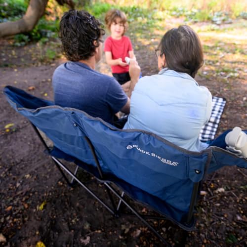 Black Sierra Double Camping Chair, Padded Oversized Loveseat, 2 Person Folding Seat Supports 500 lbs, Portable Outdoor Sofa for Beach, Tailgating, RV, Sports, Patio - color: Denim and Moroccan Blue