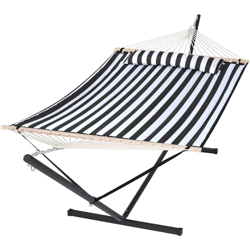 SUNCREAT Two Person Hammock with 12ft Stand Included, Max 475lbs Capacity, Heavy Duty Free Standing Hammock, Black Stripes - color: Black & White, size: 12 ft Stand