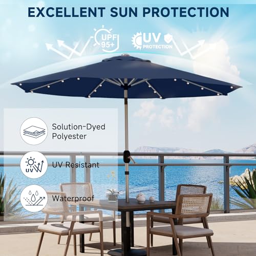 10FT 40-LED Solar Lighted Aluminum Patio Umbrella, Fade-Resistant Outdoor Market Table Umbrella with Push Button Tilt Function, 8 Sturdy All-Aluminum Ribs for Gardens, Decks, Backyards & Pools - color: Navy Blue, size: 10FT 40LED-1Tier (Aluminum Umbrella)