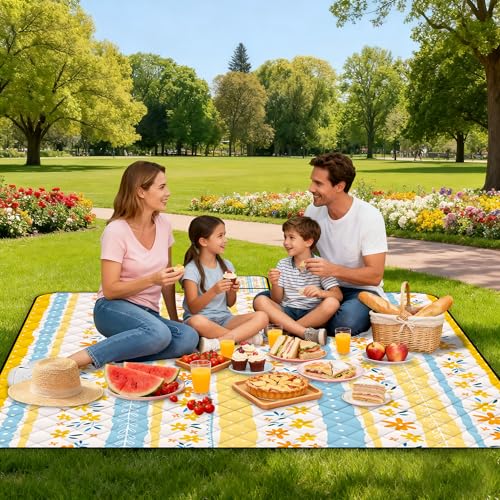 Extra Large Picnic Blanket Waterproof,80"x 80"Foldable Machine Washable Beach Blanket,Outdoor Blanket for 6-8 Adults,Suitable for Indoor Crawling,Park Beach,Camping,Hiking,Family Travel(Floral Print) - color: Yellow Flower, size: 6'8" x 6'8" (Square)
