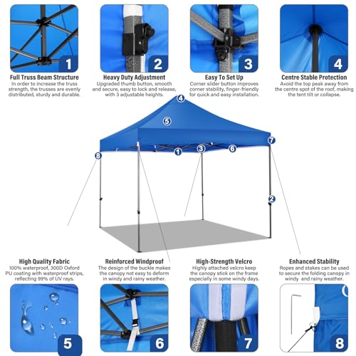 COBIZI 10x15 Heavy Duty Pop Up Canopy Tent with 4 Sidewalls Thicken Frame, Commercial Easy Up Outdoor Wedding Party Tents, All Season Waterproof Windproof with Stakes Sandbags Ropes Bag, Uranus - color: Uranus, size: 10x15