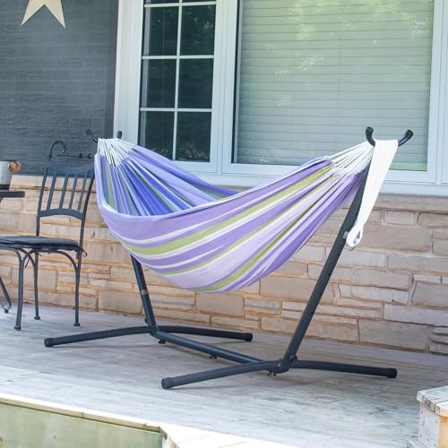 Vivere Double Cotton Hammock with Space Saving Steel Stand, Upgraded Polyester End Strings 450 lb Capacity - Premium Carry Bag Included - USA Grown Cotton (Tranquility) - color: Tranquility