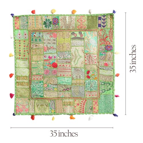 THE ART BOX Cotton Patchwork Vintage Boho Embroidered Floor Pillows & Cushion Cover Green Pouf Seating Pouf Meditation Pillow Pet Bedding Bed Boho Home Décor (35x35 Inches, Cover Only) - color: Light Green