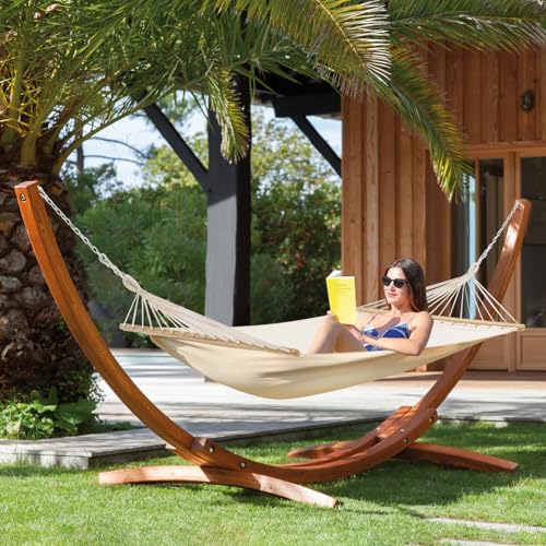 ECOTOUGE 14 FT Hammock with Stand, 2 Person Heavy Duty Hammock Stand, Large Hammock Bed for Porch, Patio, Balcony, Garden, Backyard, White-Yellow - size: 14ft