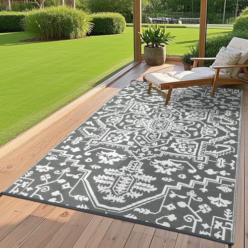 GarveeHome 9x12 Plastic Straw Large Reversible Outdoor Rug Vintage Medal Outdoor Carpet Waterproof Indoor Outdoor RV Decor Rugs Fold Portable Camping Outside Rug for Patio Backyard Balcony, Grey White - color: Vintage | Grey White, size: 9' x 12' (Rectang