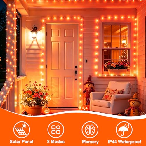 YEGUO Orange Solar Thanksgiving Lights Outdoor Waterproof, 4 Pack Each 33ft 100 LED Solar Fairy Lights, 8 Modes Solar String Lights - color: Orange