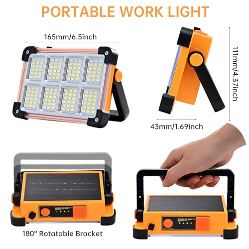 Rechargeable Flood Light - 10000LM LED Portable Work Light with Stand, 6600MAh Job Site Flashlight Spotlight for Car Repair,Camping, Emergency - Solar Hand Held Lamp IP66 Waterproof 4 Modes - Yellow