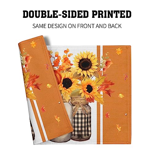 Sunflower Fall Placemats Set of 4, Linen Buffalo Check Plaid Autumn Flower Leaves Table Place Mats for Farmhouse Holiday Harvest Thanksgiving Kitchen Dining Party Decor 12x18 Inch - color: Fall Sunflower