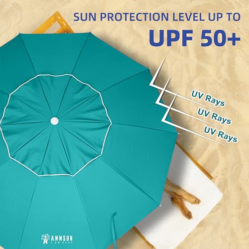 AMMSUN 8 Feet Large Beach Umbrella with Sand Anchor Heavy Duty High Wind Portable Outdoor Umbrellas UV 50+ Protection Air Vent Tilt Patio Garden Pool - color: Teal