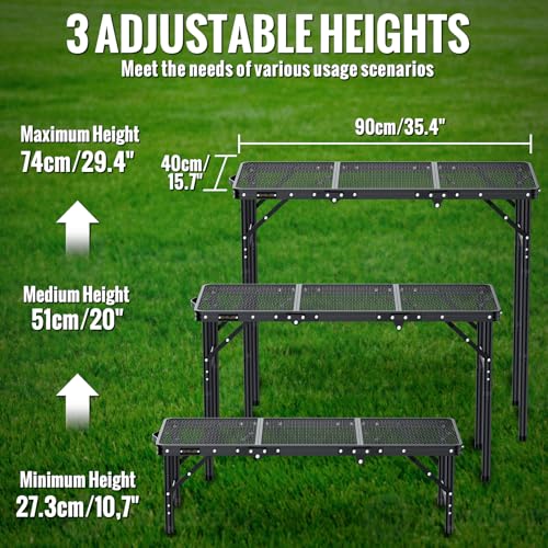 GARLLEN Folding Grill Table, 3-Height Adjustable Lightweight Grill Table with Heat-Resistant Tabletop, Portable Aluminum Camping Table for BBQ, Picnic, Cooking, 35.4" L x 15.7" W, Threaded Install - color: Black, size: Tabletop Size: 35.4"L x 15.7"W
