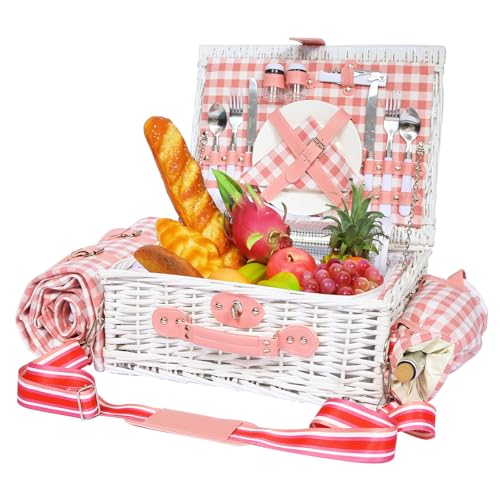 Picnic Basket for 2 with Blanket, Willow Picnic Basket Set with Shoulder Strap&Wine Pouch, Large Willow Hamper with Insulated Cooler for Outdoor, Camping, Beach, Couples, Wedding Gift - color: Pink and White Grid