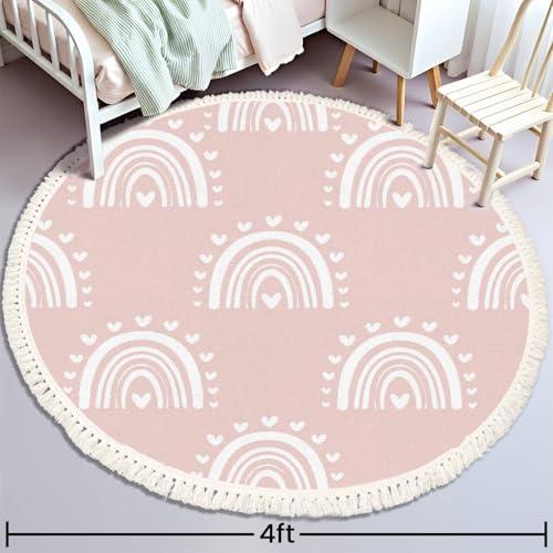 Round Boho Rug Kids Hand Drawn Seamless with Pink Pastel Rainbows Summer for Baby Area Linen Carpet Patio Hallway Runner Mat Pad Minimalist Home Decor Living Room Outdoor, Multi, 4 ft - color: Multi3, size: 4' (Round)