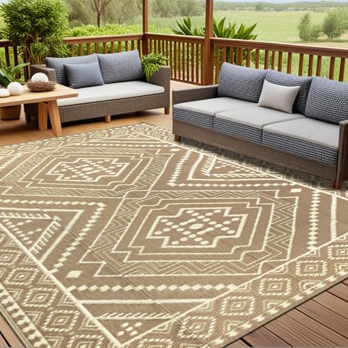 Waterproof Outdoor Rug 8x10 ft, Reversible Plastic Straw Mat, Large Floor Mat for Patio, Camping, Picnic, Backyard RV, Deck, Beige - color: Beige, size: 8' x 10'