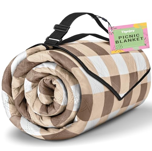 TigeJoy Extra Large Picnic Blanket Waterproof Foldable 80''x80'', Outdoor Picnic Mat Beach Blanket Sandproof for Park, Grass, Travel, Hiking, Camping Essentials, Gingham Picnic Blanket - color: Khaki, size: 6'8" x 6'8" (Rectangular)