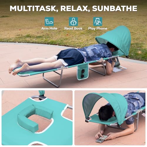 Romswi 2PK Folding Tanning Beach Chair with Face Hole & Canopy Shade, 5-Position Reclining Sun Lounger, Portable Face Down Tanning Chair with Arm Holes & Side Pocket for Beach, Pool & Patio, Cyan - color: Cyan With Sunshade, size: 2pcs