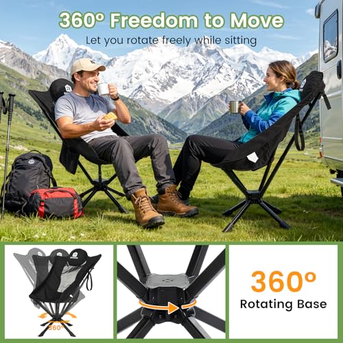 Raynesys 360° Rotation Camping Chair, Compact Hiking Chair with Cup Holder & Storage Pocket, Portable Folding Chairs for Outdoor Activities, High Back Comfort for Long Sitting, 1 Pack Black