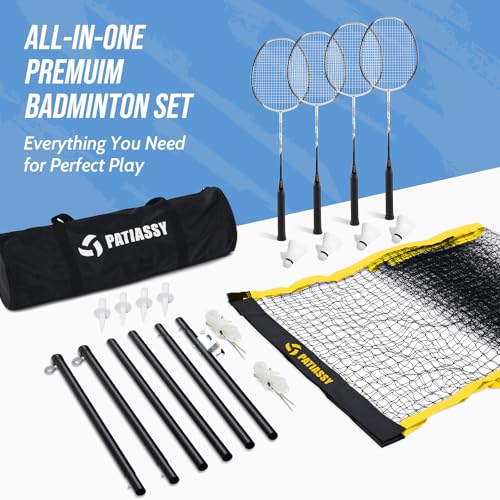 Professional Badminton Set with Carbon Fiber Badminton Rackets Set of 4, Outdoor Portable Badminton Net with Anti-Sag Winch System, 4 Nylon Badminton Shuttlecocks and Bag - color: Yellow
