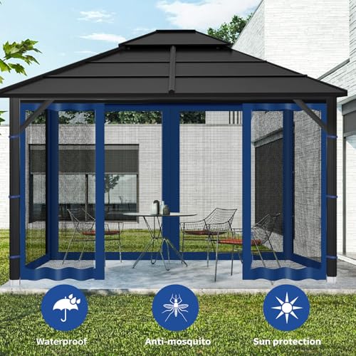 Gazebo Replacement Mosquito Netting Outdoor Universal Gazebo Canopy 4-Panels Screen Sidewalls with Zipper for Patio Garden (Navy Blue, 10x10) - color: Navy Blue, size: 10x10