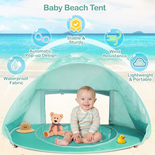 Baby Beach Tent, Pop Up Beach Tent Sun Shade for Beach, Portable Shade Pool UV Protection Sun Shelter for Infant with Beach Sand Toys Set - color: Patterned Mint Green