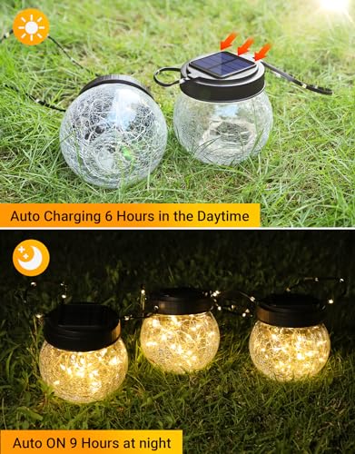 PARTPHONER Solar Lantern Solar Lights Outdoor Waterproof 2-Pack, Solar Powered Hanging Lights Cracked Glass Hanging Globes for Christmas Decoration, Shepherd Hook, Garden Tree Ornaments - color: Black Cap Warm White Light, size: 2 Pack