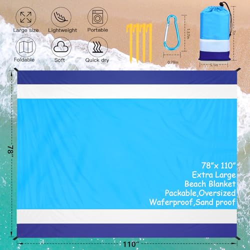 Beach Blanket Waterproof Sandproof Oversized Lightweight 78''×110'' 1-7 Adults Blanket Beach Large Picnic Mat for Travel Camping Hiking Picnic - color: Blue White, size: 78''x110''