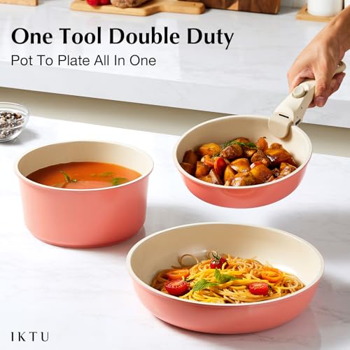 IKTU Ceramic Pots and Pans Set Non Stick Pink, 8 Pcs Nonstick Cookware Set with Detachable Handle RV Camping Induction Kitchen Cookware Set Non Stick, PFAS PFOA & PTFE Free - color: Pink