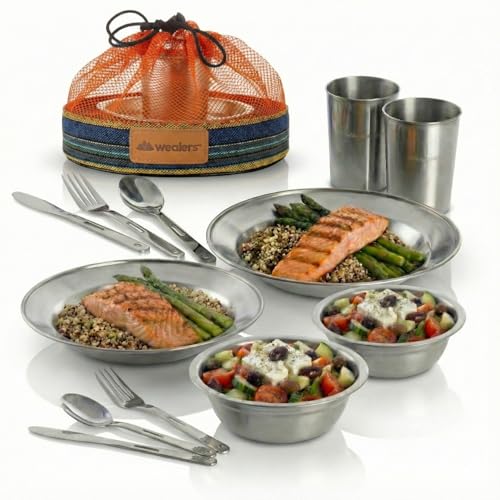 Unique Complete Messware Kit Polished Stainless Steel Dishes Set| Tableware| Dinnerware| Camping| Includes - Cups | Plates| Bowls| Cutlery| Comes in Mesh Bags - style: 2 Person Set Orange