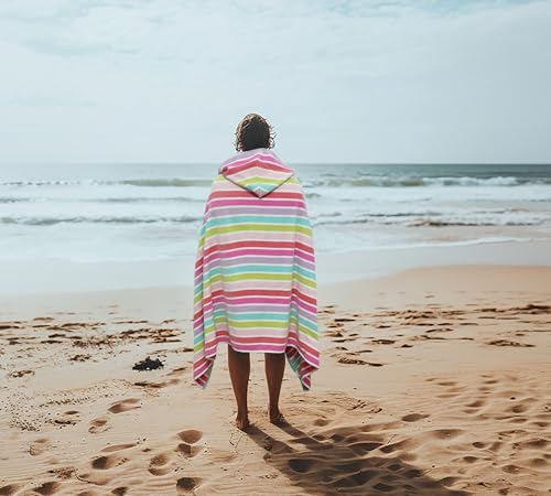 COTTON CRAFT Hooded Beach Towel - Oversized XXL 35x84 Towel with Hood for Adults - The Big Kahuna 7 Foot Beach Blanket Towel - Big & Tall Soft 100% Cotton Velour - Pool Bath Wrap - Pink Multi - color: Cabana Stripe - Pink Multi, size: 1 Pack - 35x84 Hoode