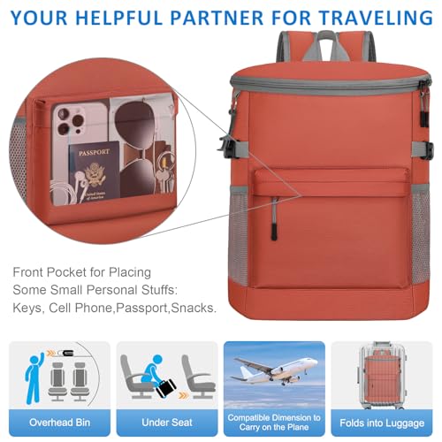 Tenot Cooler Backpack 33/40 Cans Backpack Coolers Insulated Leak Proof Soft Beach Cooler Bag for Men Women Ice Chest Backpack Camping Hiking Picnic Travel Cooler Lunch Backpack - color: Coral Red-Leather, size: 33 Cans