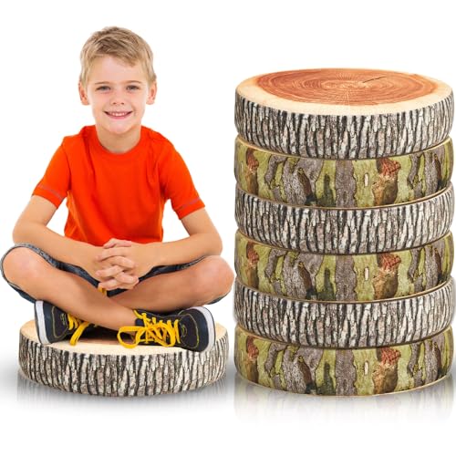 Juexica 6 Pcs Decorative Soft Round Throw Pillow Circle Seating Tree Stump Pillow 3D Digital Print Stump Cushion Flexible Seating Floor Cushion Natural Wood Forest Decor for Classroom Home Couch