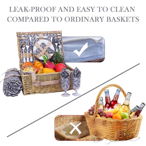 Neti Neti Wicker Picnic Basket for 4 with Insulated Cooler & Waterproof Blanket – Large Willow Picnic Hamper for Outdoor, Camping, Beach, Romantic Dates, Valentine’s Day - color: Gray Arrowheads