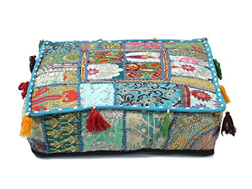 Mam Treasures Indian Bohemian Decorative Pillow Vintage Cushion Cover Patchwork Square Floor Pillow Cover Meditation Cushion Large Floor Pillow Indian Cushion (Light Blue, 22 X 22 X 5 Inch) - color: Light Blue, size: 22" x 22" (Pack of 1)